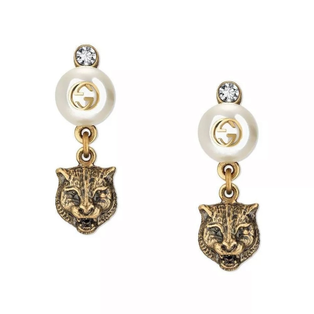 Gucci GG Logo Pearl Feline Tiger Crystal Gold Tone Drop Dangle earrings